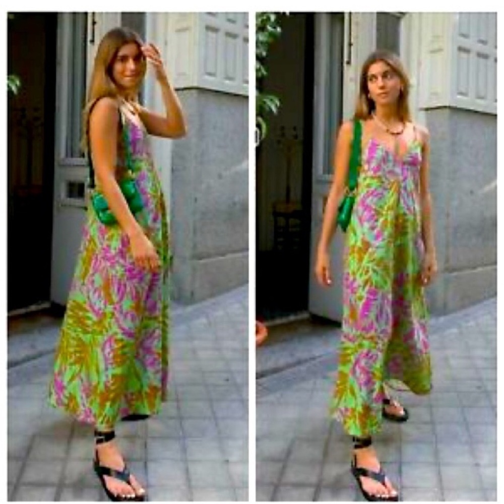 ZARA NWT Elegant Green and Pink Maxi Dress